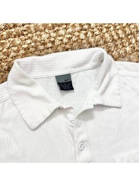 Vintage Nike Court Dri-Fit Polo Shirt Mens Large White Pinstripe Woven Vertical